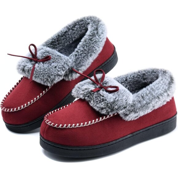 Women's Red Fuzzy Fluffy Warm Winter Soft Closed Back Fur Lined Slippers Boot - Picture 1 of 6